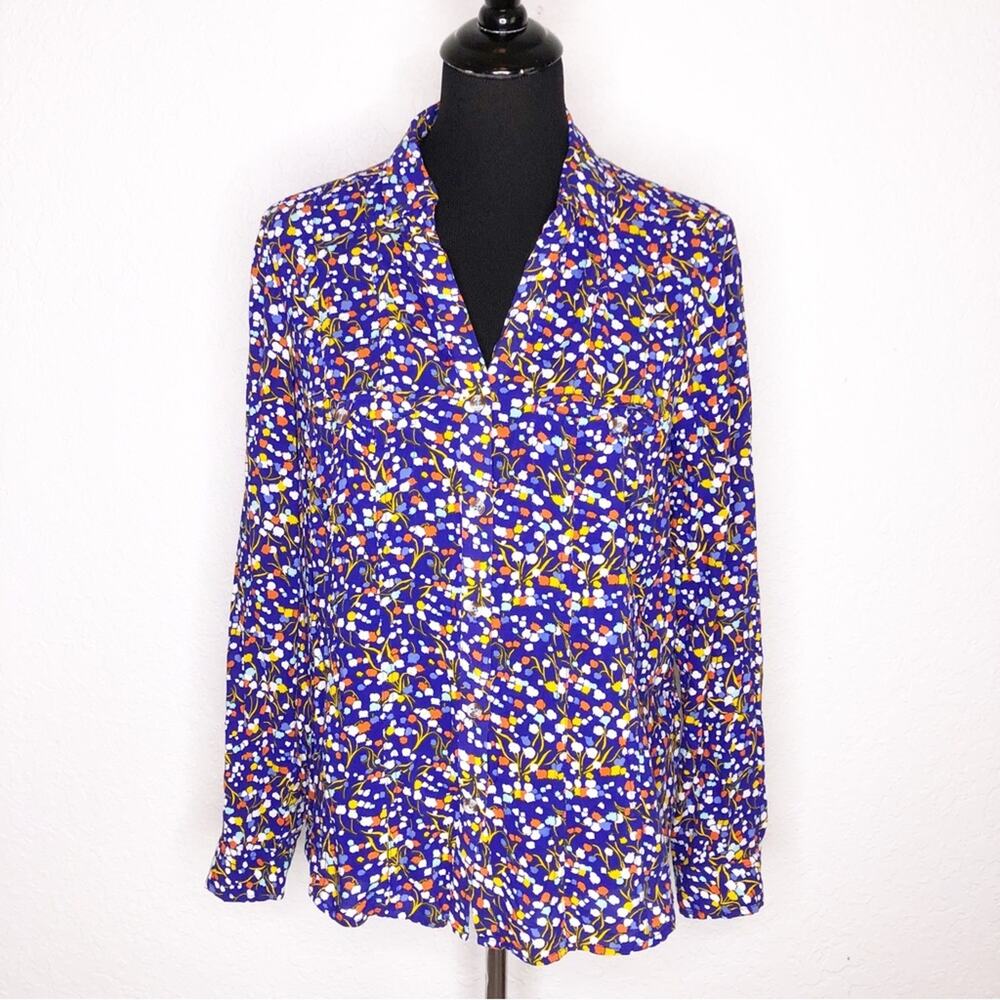 Conversations by Anthropologie blue tulip print button down top size 6 - Picture 1 of 13